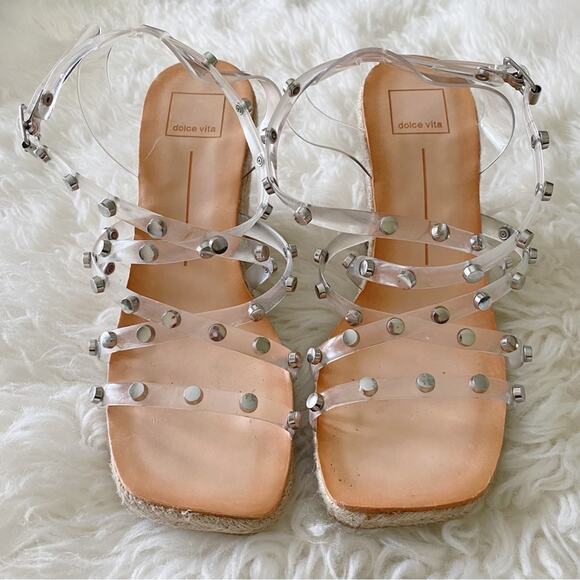 Dolce Vita | Maxton Espadrille Wedge Sandals Square Toe Studded Clear Straps 8.5 - Picture 2 of 8